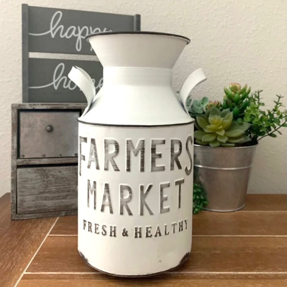 NWT Beautiful Farmers Market Metal Milk Jug vase Décor with Handles, White 10" H